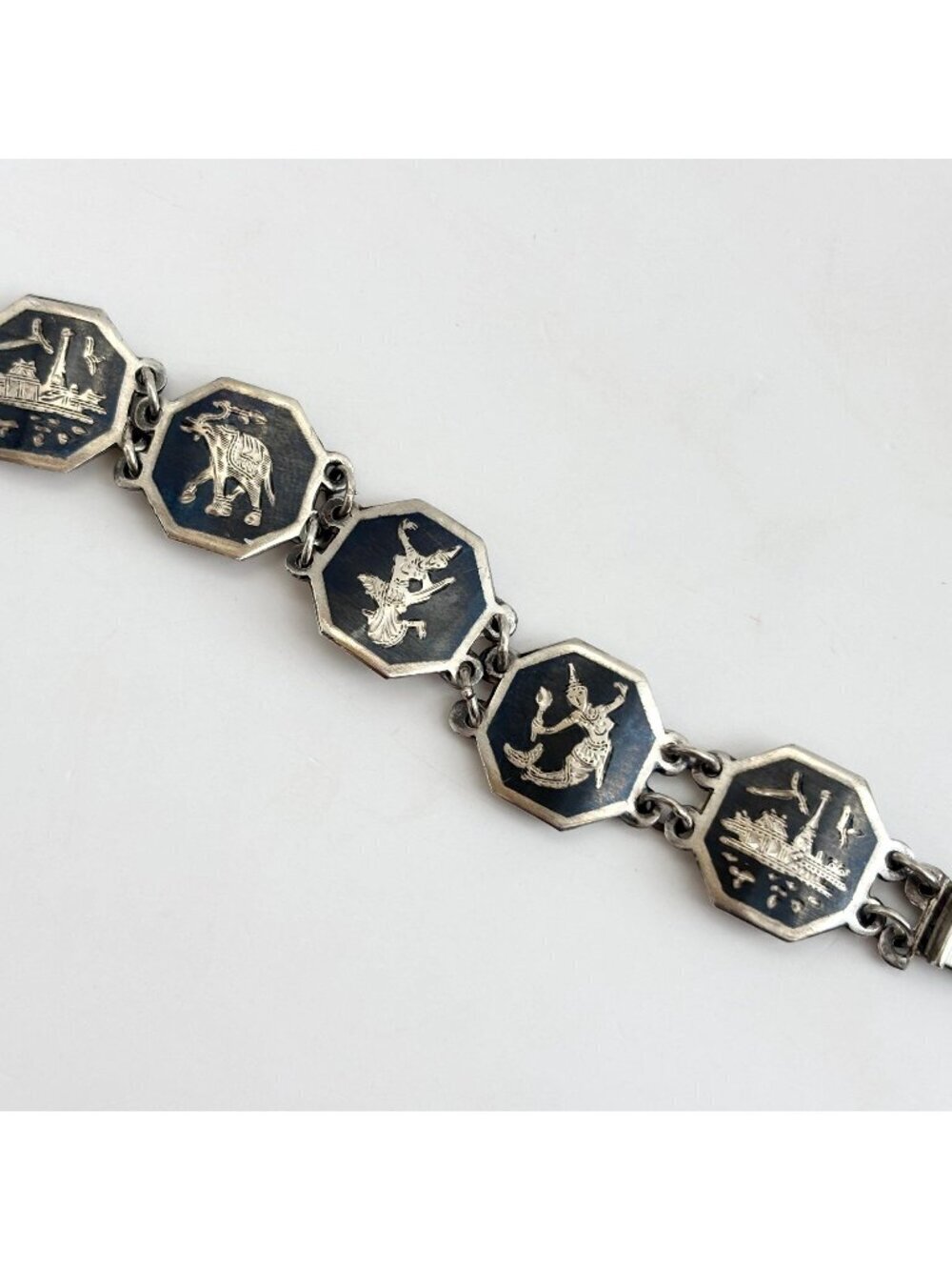 Siam Sterling Silver Hexagon Paneled Multi-Figure Thai 30's 925 Vintage Bracelet